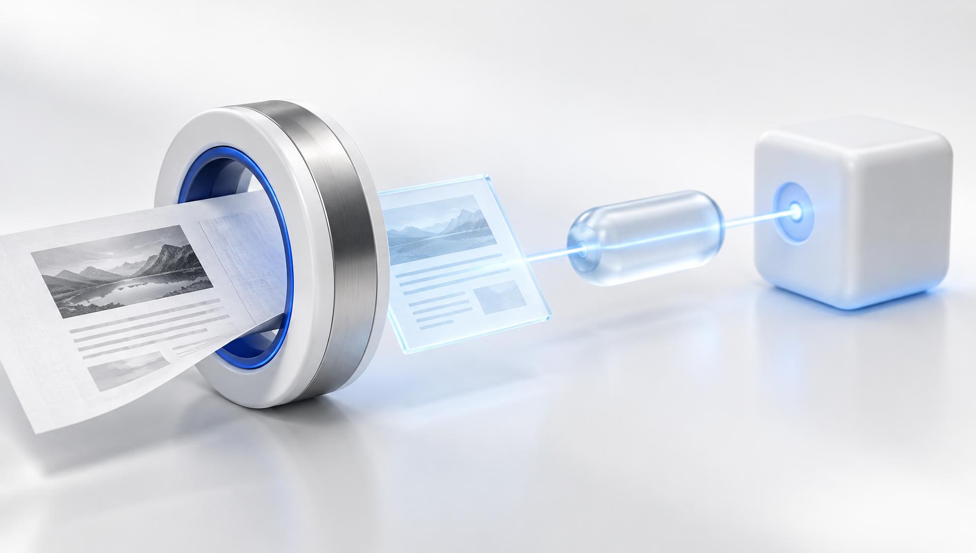 A paper document passing through a precision ring and becoming a glowing digital proof anchored in a glass block