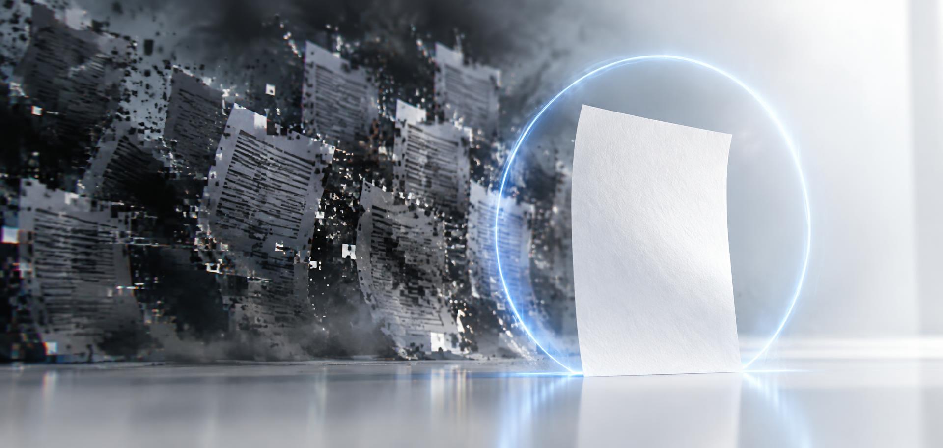 One authentic white document protected by a ring of blue light while a storm of glitching fake copies dissolves behind it